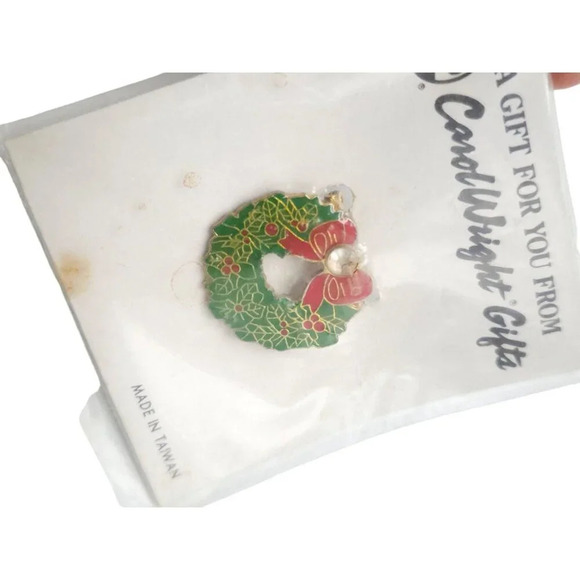 Carol Wright Gifts Christmas Wreath Rhinestone Enamel Brooch Pin Gold Tone VTG - Picture 2 of 4